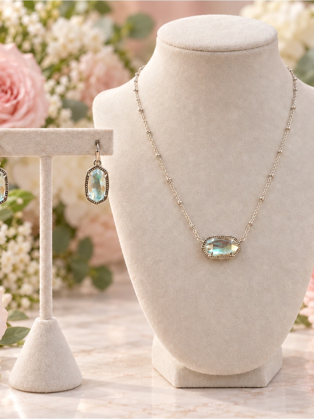 Kendra Scott Gold Necklace and Earrings with Iridescent Aquamarine Stones